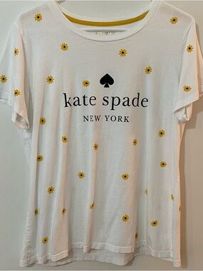 kate spade White Tee with Yellow Daisy Print and Black Logo